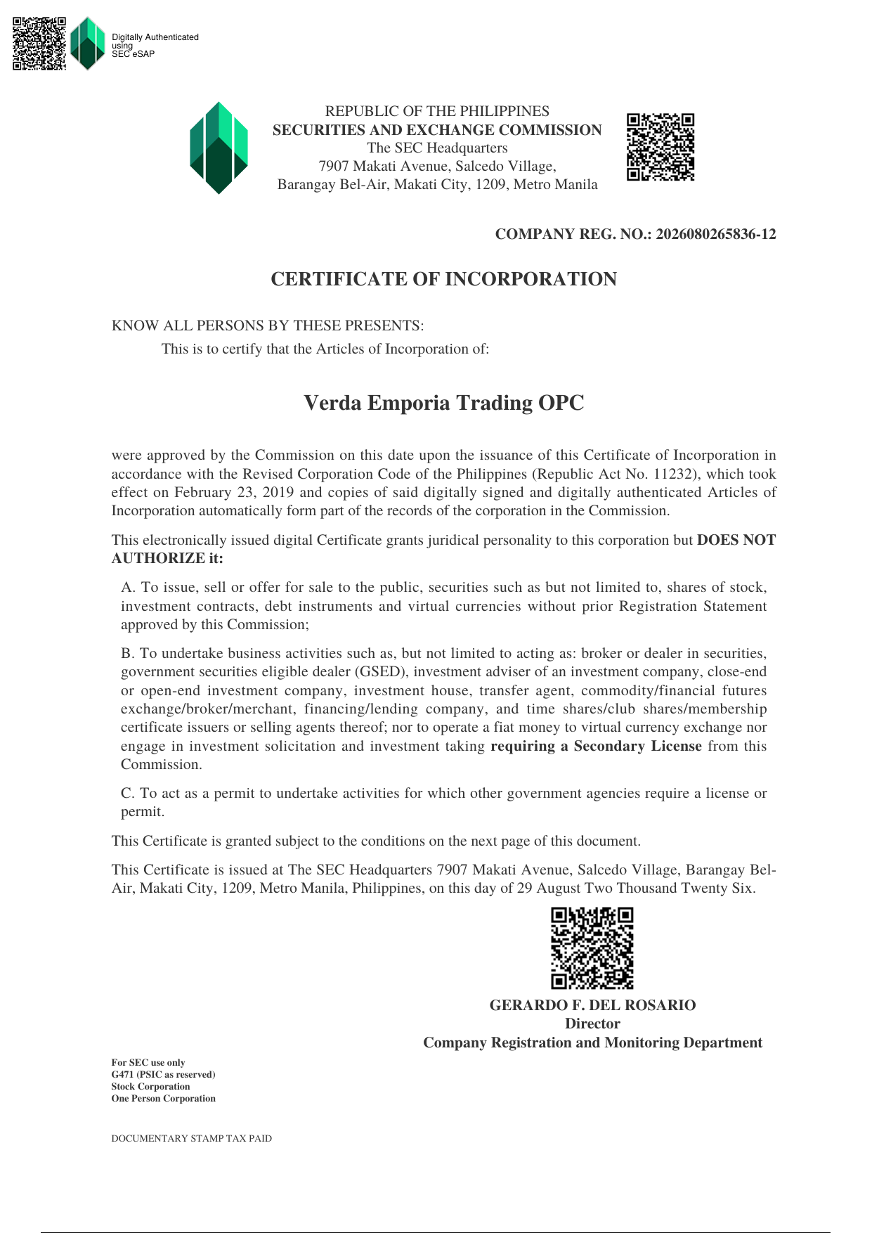 SEC Certificate of Incorporation